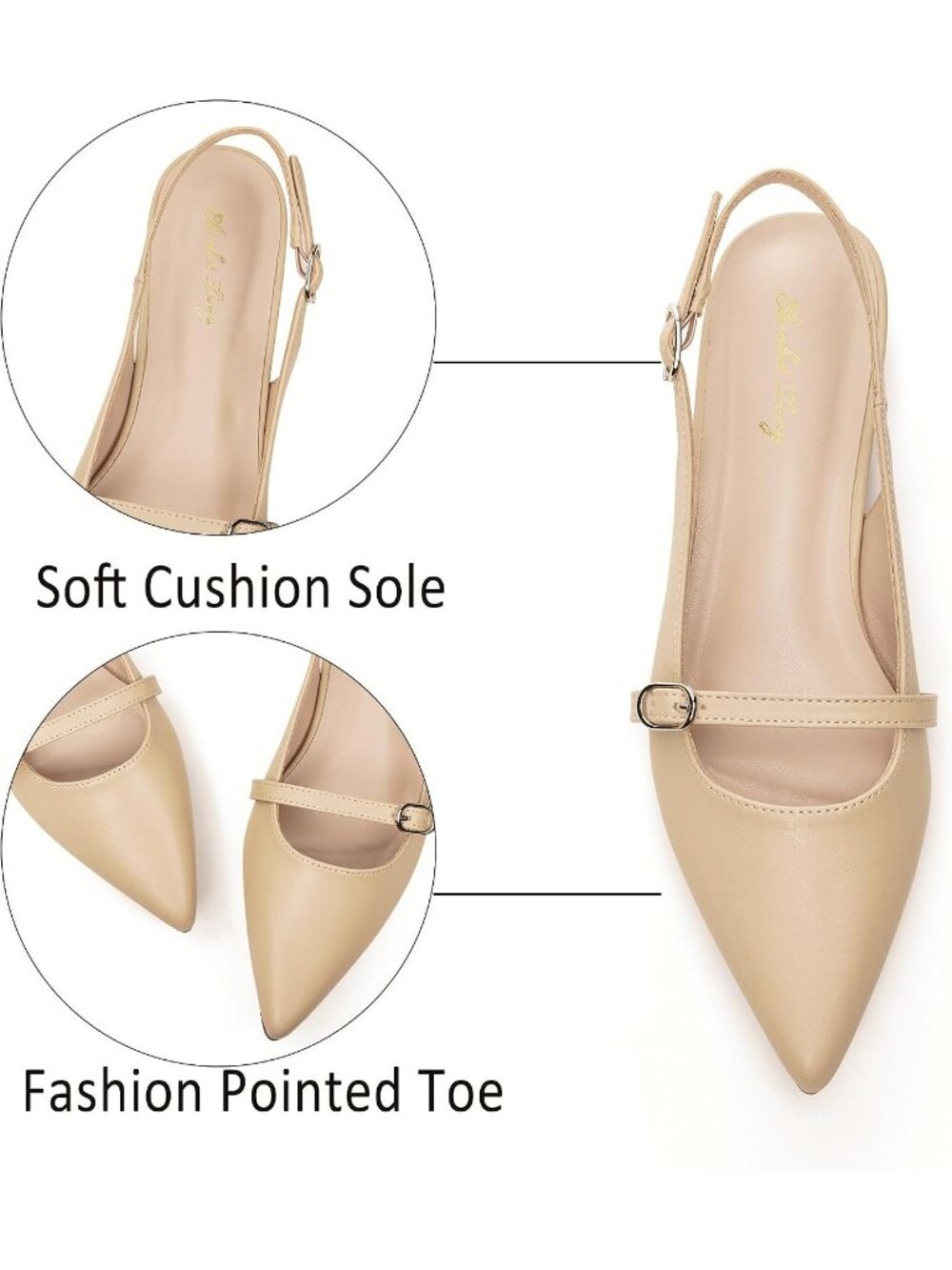 Women's Nude Leather Slingback Flats Rhinestone Closed Pointed Toe Dressy Shoes - Picture 4 of 6